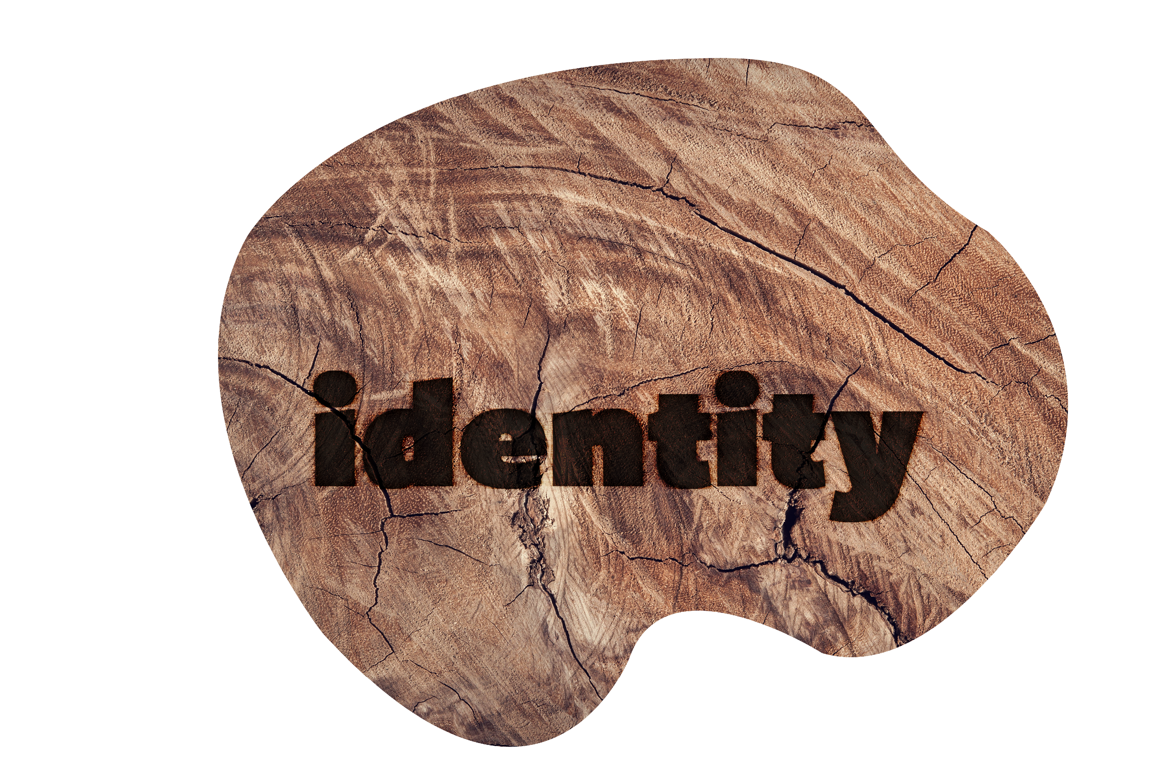 Graphical treatment of the word identity made to look like it is burned into wood